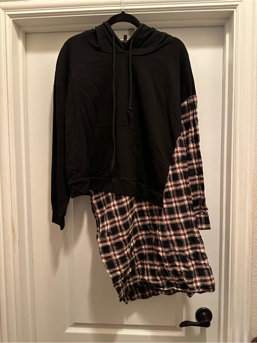 Fashion Nova Black Hoodie with Plaid Asymmetrical Tunic